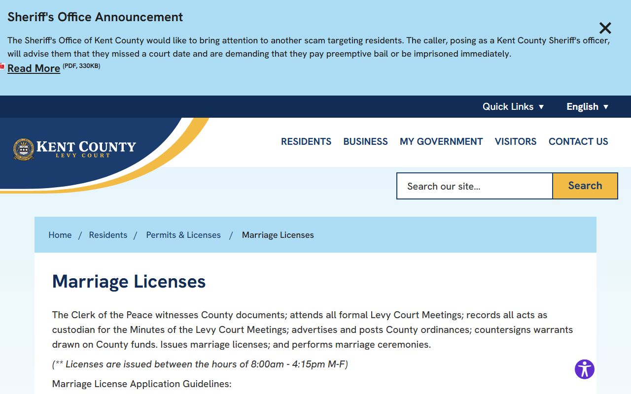 Kent County marriage licenses application page