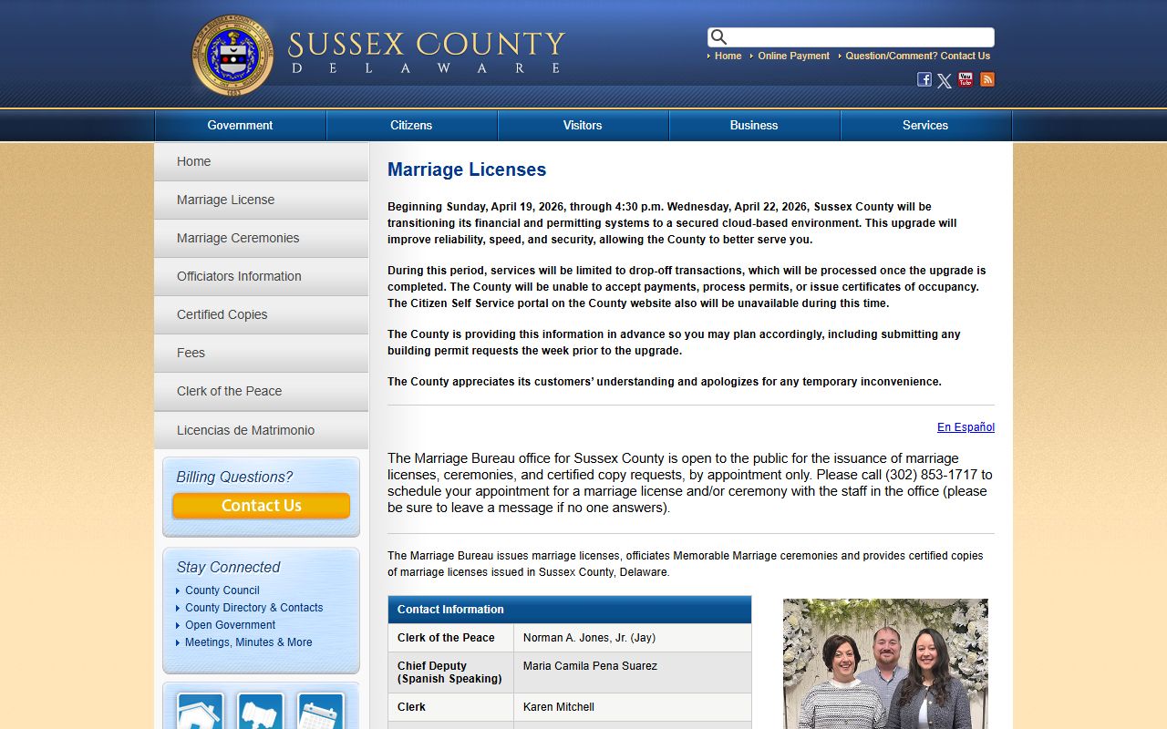 Sussex County marriage licenses application page