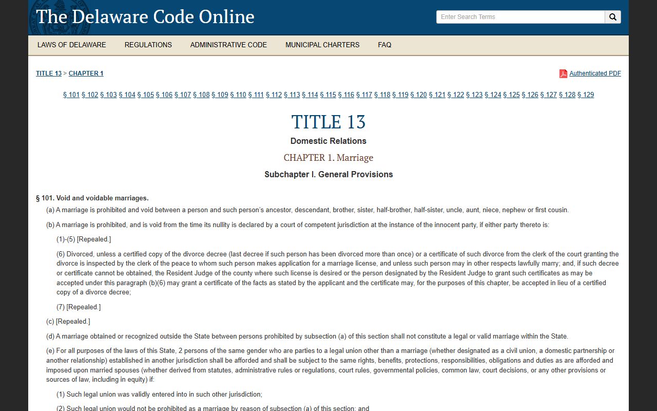 Delaware marriage statutes Title 13 legal code page