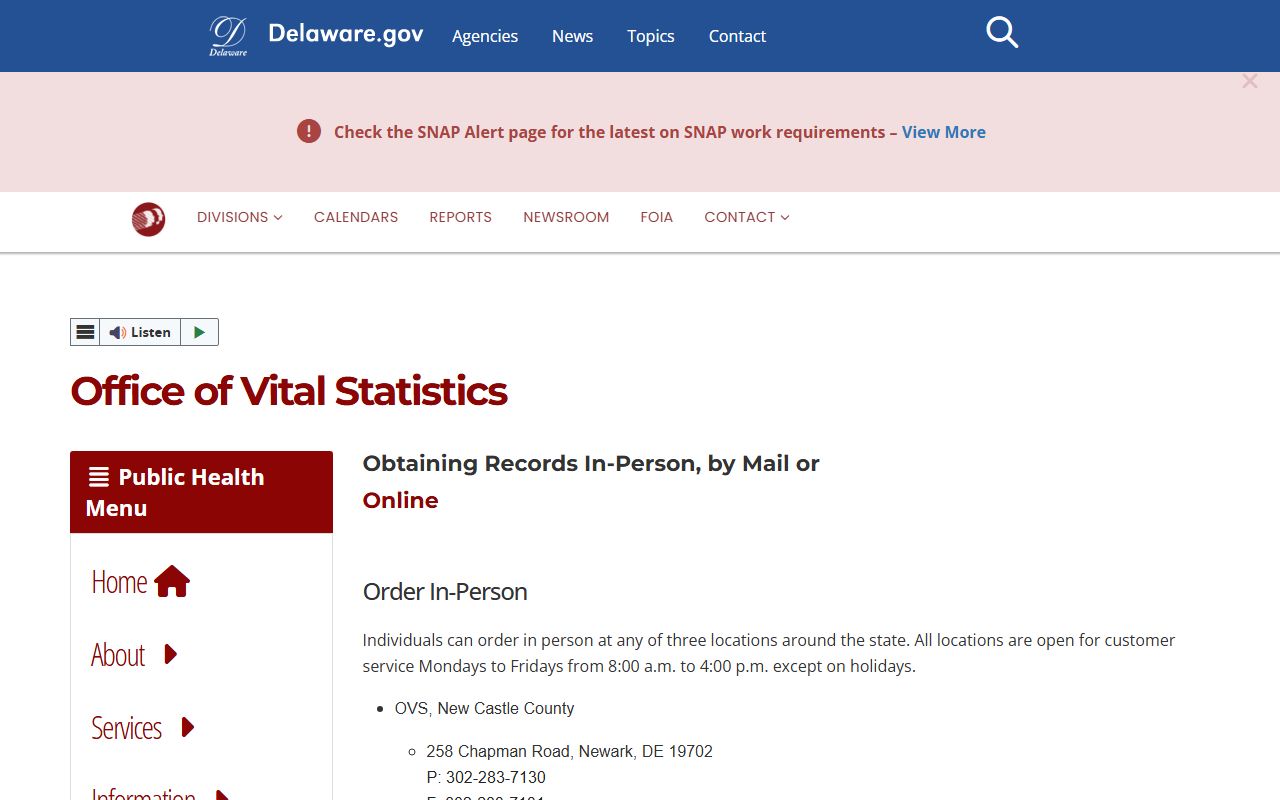 Delaware Office of Vital Statistics homepage for marriage records
