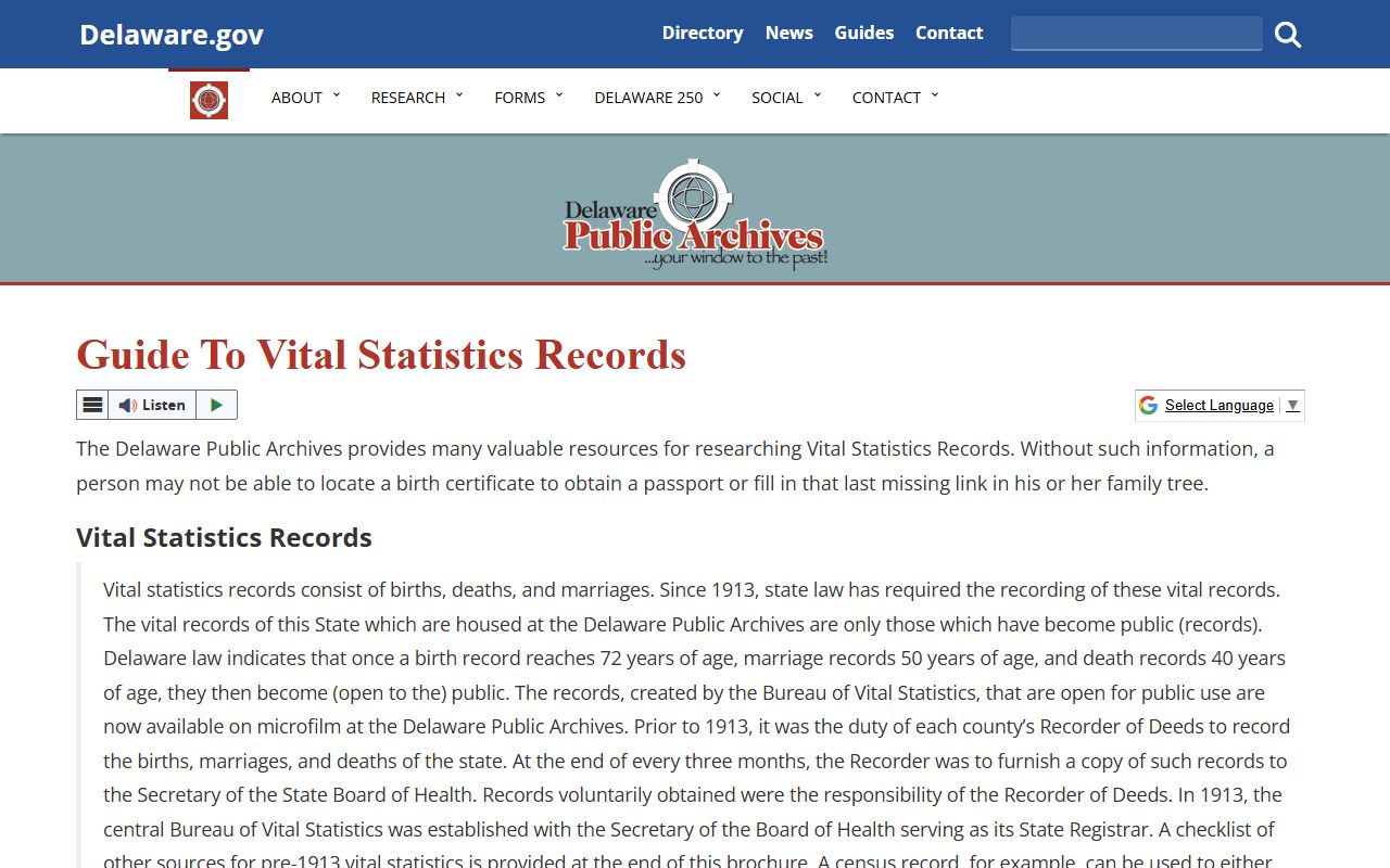 Delaware Public Archives guide to marriage records and vital statistics