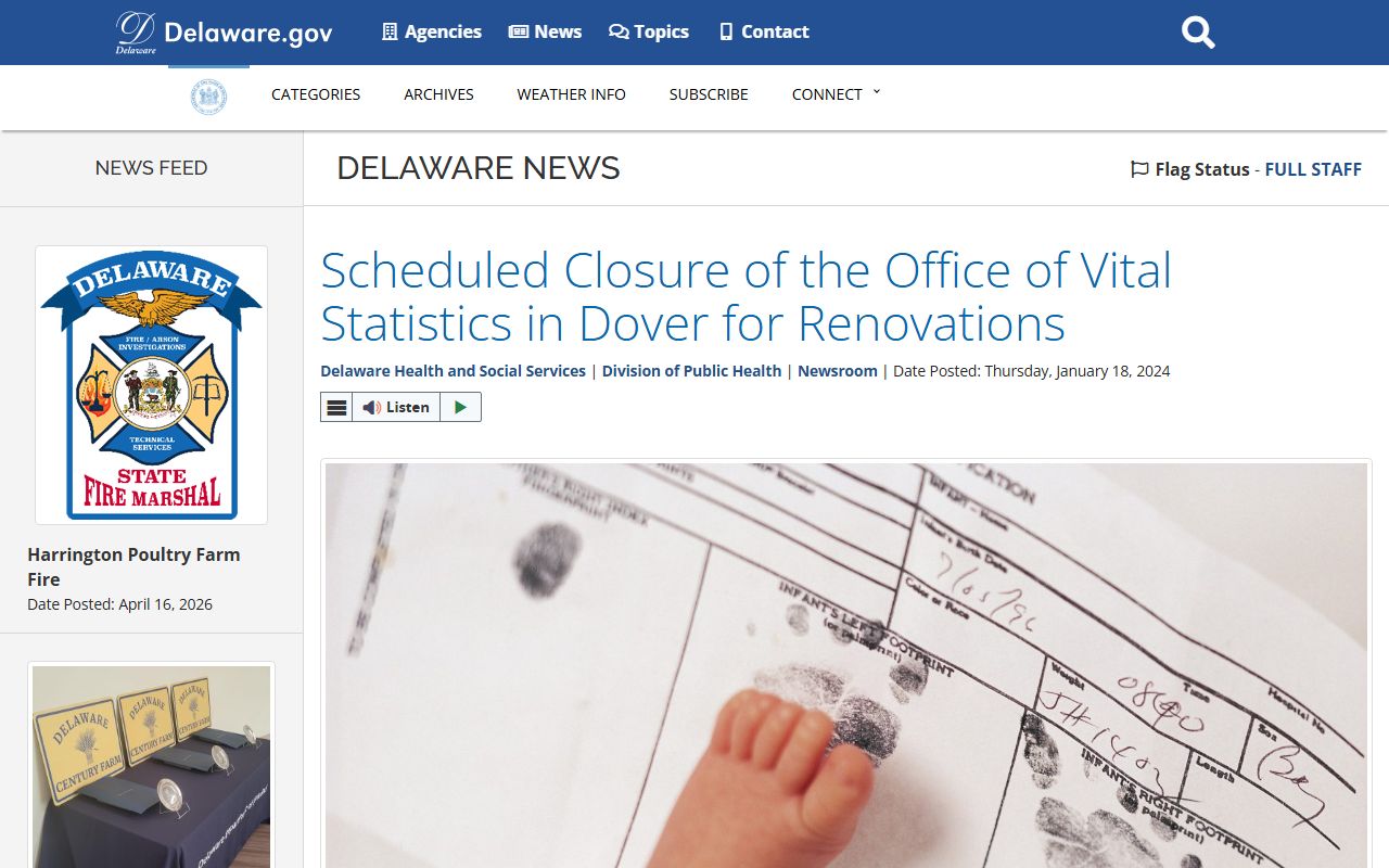 Delaware Office of Vital Statistics renovation notice