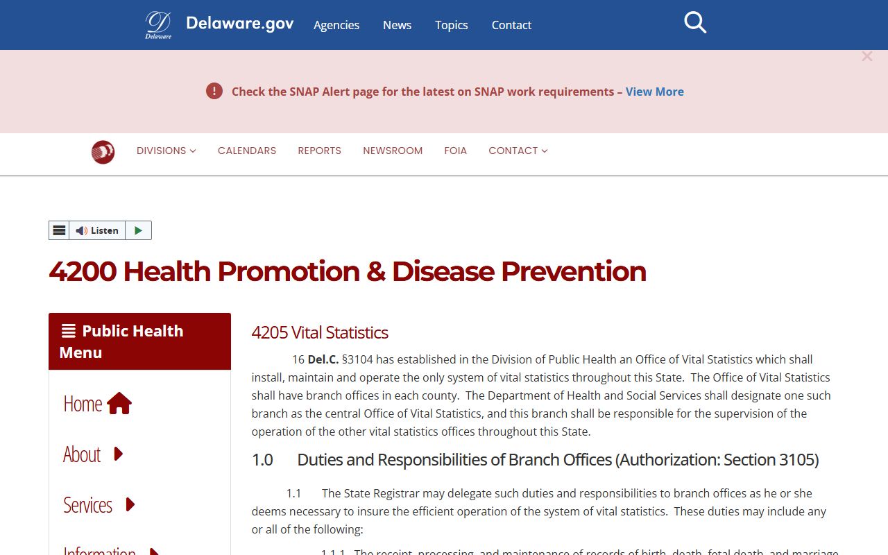 Delaware Vital Statistics regulations for marriage records