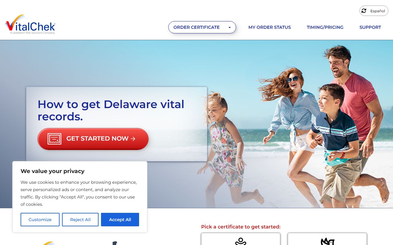 VitalChek Delaware marriage certificate order page